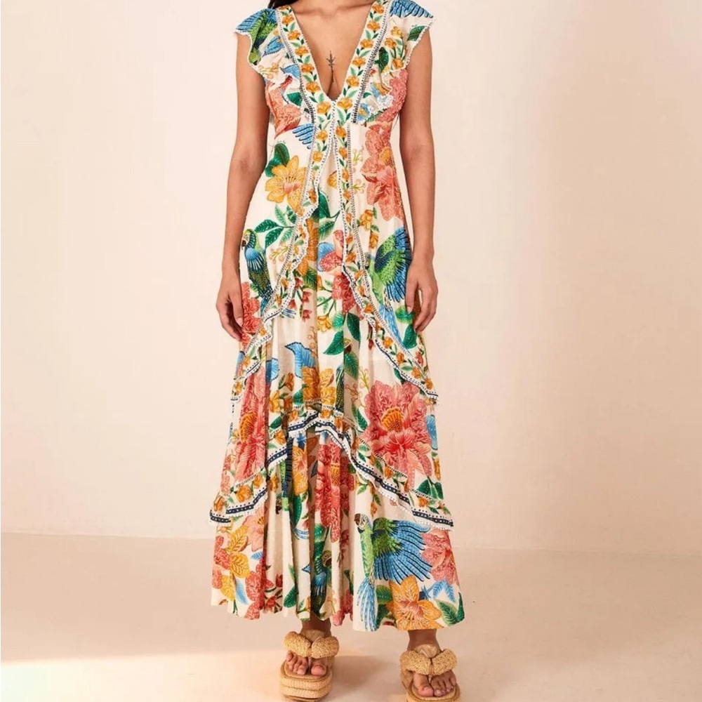 BMWT RARE Farm Rio Floral Macaw Flower Maxi Dress Sz Small